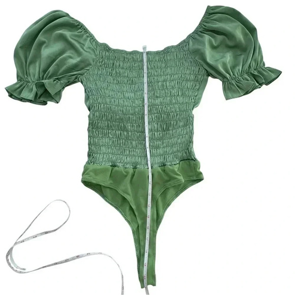 Miss Lola- Sage Green Satin Fairy Boho Ballet Ruffle Bodysuit, Size Small - Picture 11 of 12